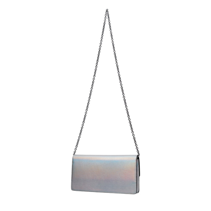Mulberry Darley Clutch in iridescent metallic lizard-embossed leather with silver-tone chain strap and oval postman's lock closure, shown on white background