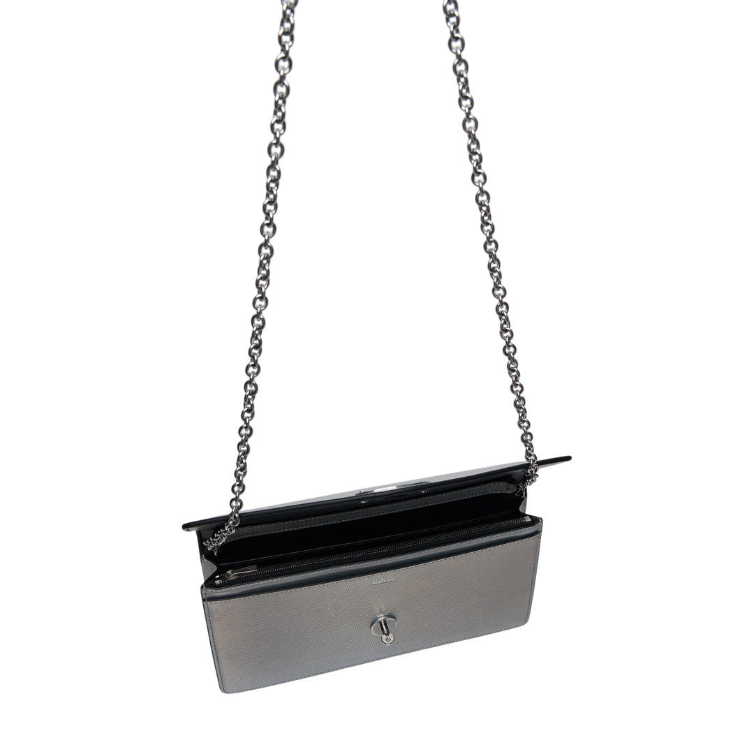 Mulberry Darley Clutch in iridescent metallic lizard-embossed leather with silver-tone chain strap and oval postman's lock closure, shown on white background