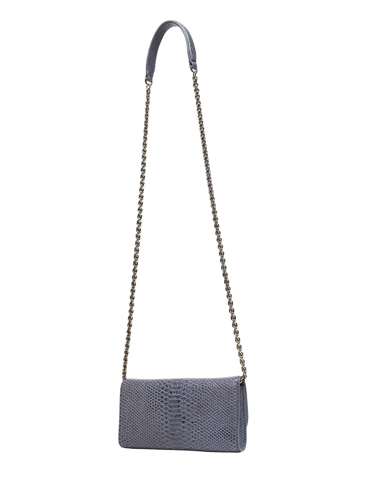 Mulberry Lily chain wallet in slate grey snake-embossed leather with gold-tone postman's lock and woven chain strap - view 2