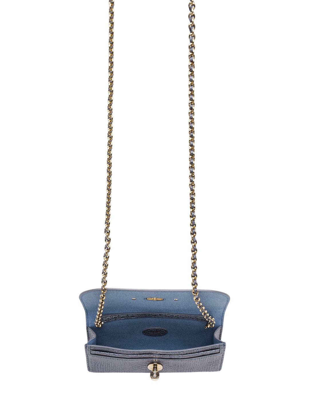 Mulberry Lily chain wallet in slate grey snake-embossed leather with gold-tone postman's lock and woven chain strap - view 3