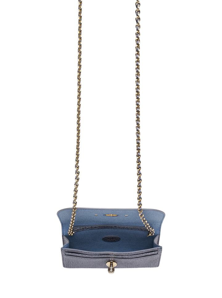 Mulberry Lily chain wallet in slate grey snake-embossed leather with gold-tone postman's lock and woven chain strap - view 3