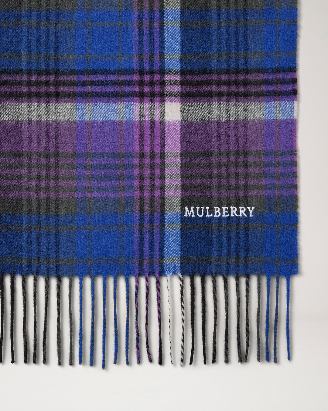 Mulberry long scarf in a blue and purple heritage check with fringed ends and embroidered logo - view 3