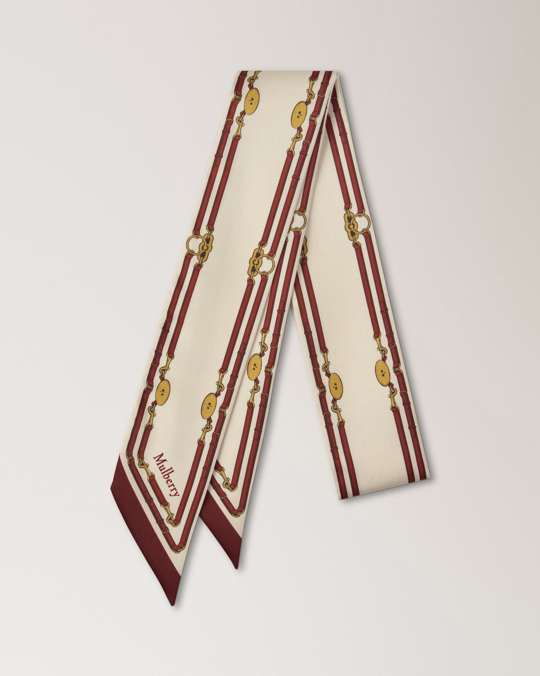 Mulberry Belted Border Skinny Scarf in cream with burgundy belt stripes and gold buckle print, folded and displayed on a light background