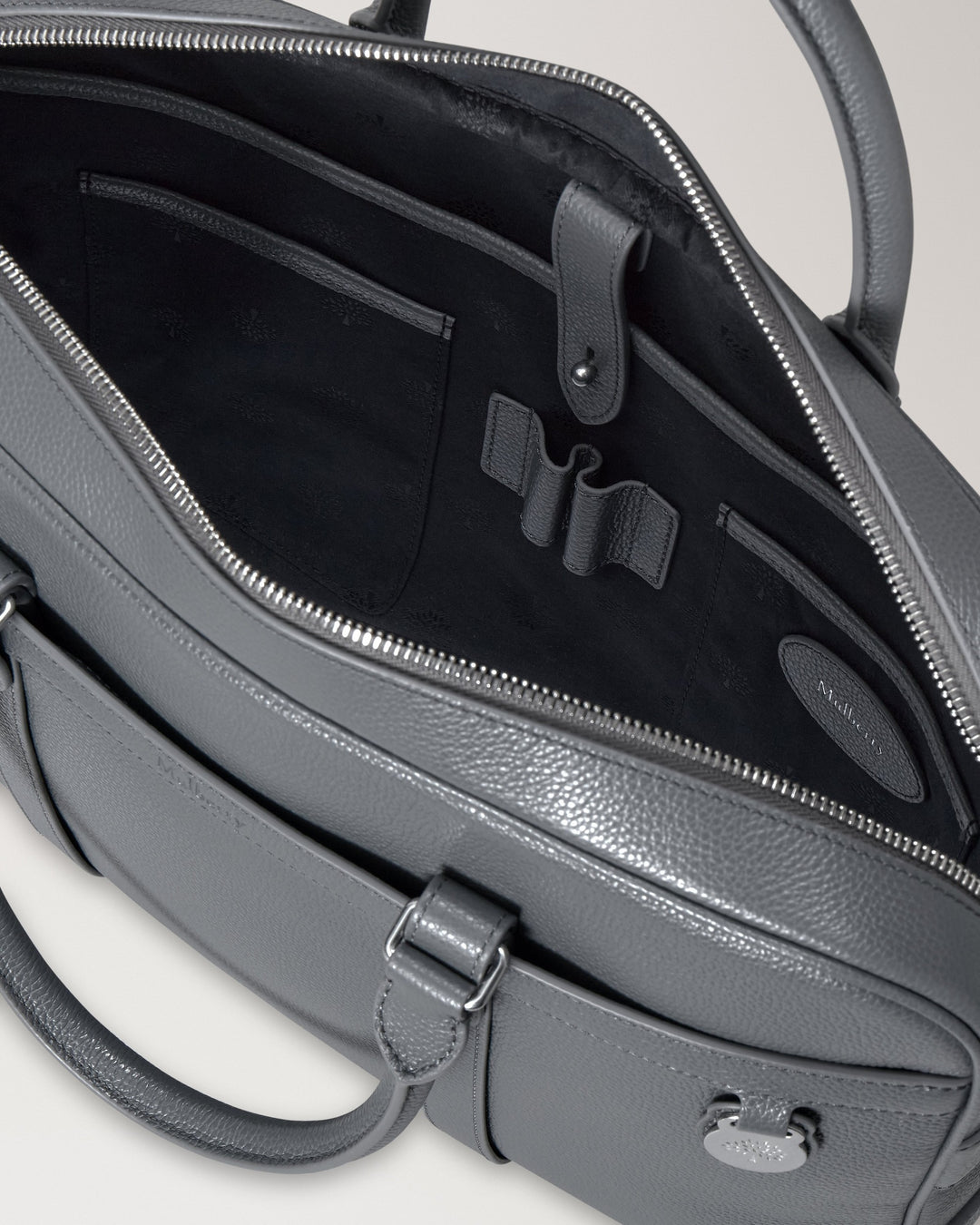 Mulberry Heritage briefcase in grey grained leather with rolled top handles, detachable shoulder strap and Tree padlock charm - view 5