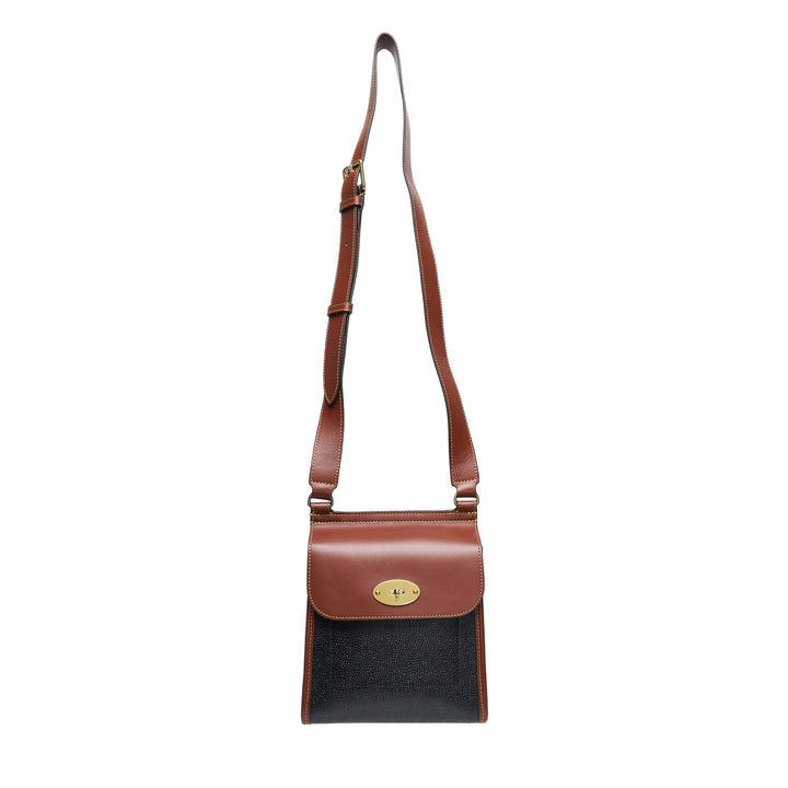 Mulberry Small Antony crossbody bag in tan smooth leather and black Eco Scotchgrain with antique brass postman's lock closure and adjustable shoulder strap
