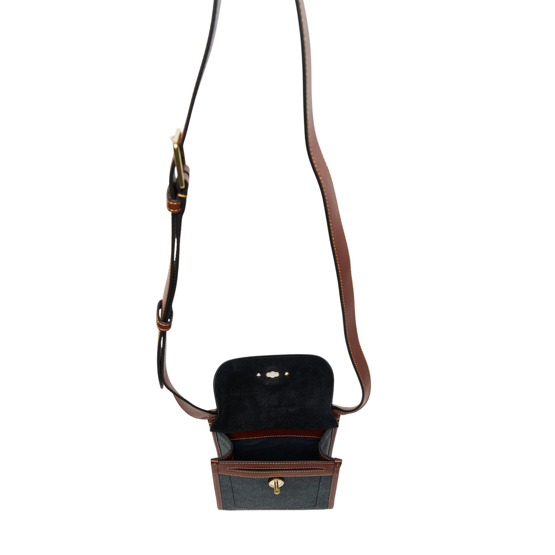 Mulberry Small Antony crossbody bag in tan smooth leather and black Eco Scotchgrain with antique brass postman's lock closure and adjustable shoulder strap