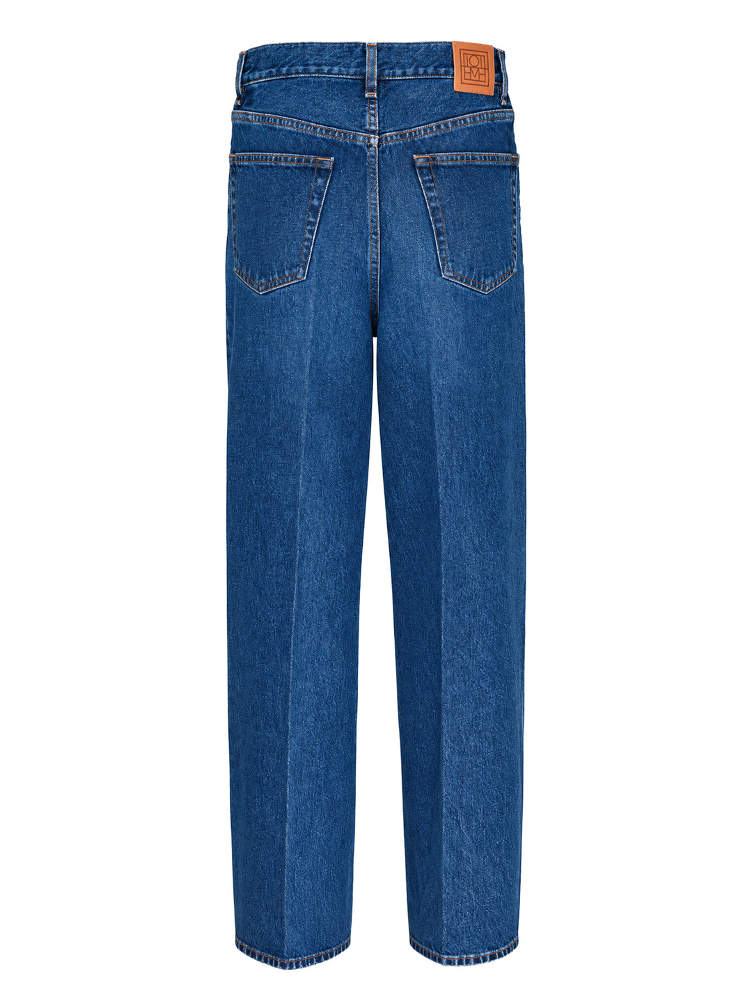 Toteme Wide Leg Jeans in mid-wash blue denim with a high-rise waist, contrast orange stitching, and a relaxed wide leg silhouette - view 2