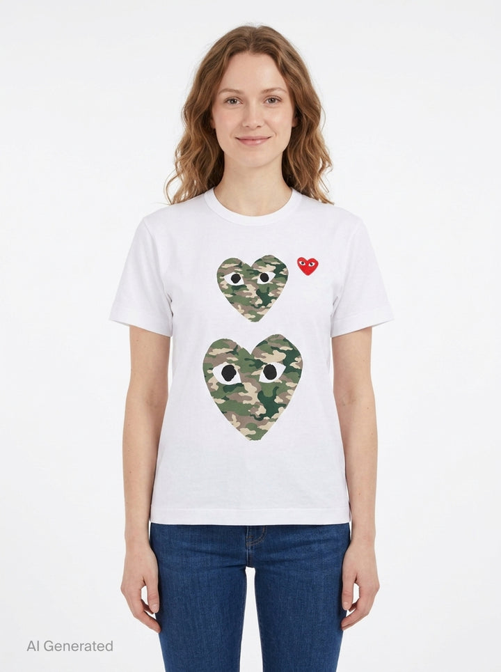 Camo Double Heart Short Sleeve Tee | Comme des Garçons PLAY | Club21 - front