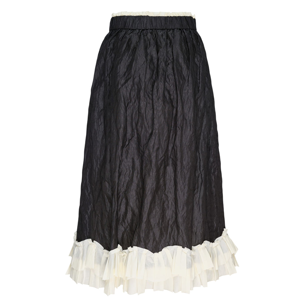 Renli Su A-Line Midi Skirt in crinkled black fabric with cream ruffle hem trim and stretch elasticated waistband with contrast ivory detail