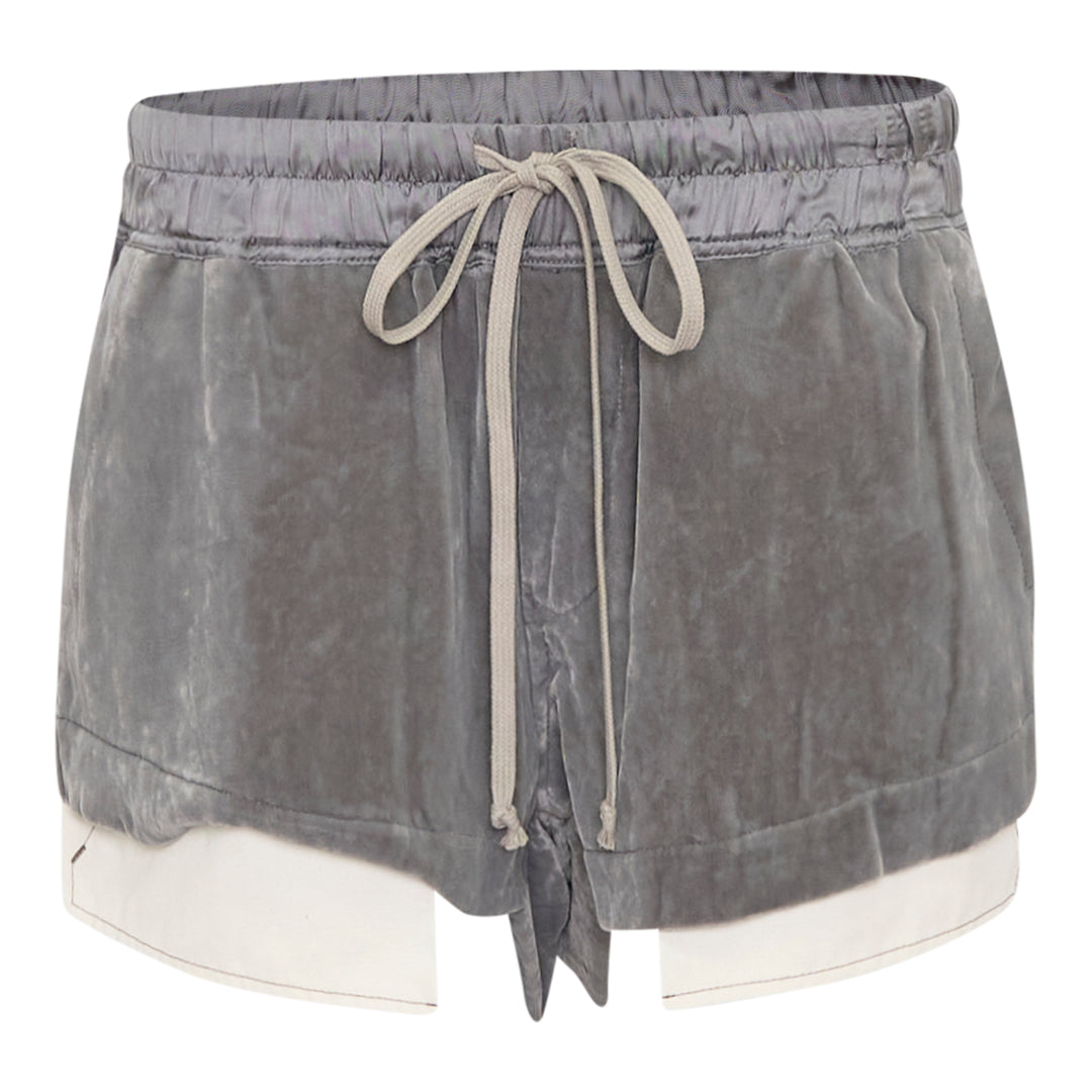 Rick Owens Fog Velvet Boxer Shorts in washed grey with elasticated drawstring waistband and contrast white underlayer at the hem, displayed on a white background