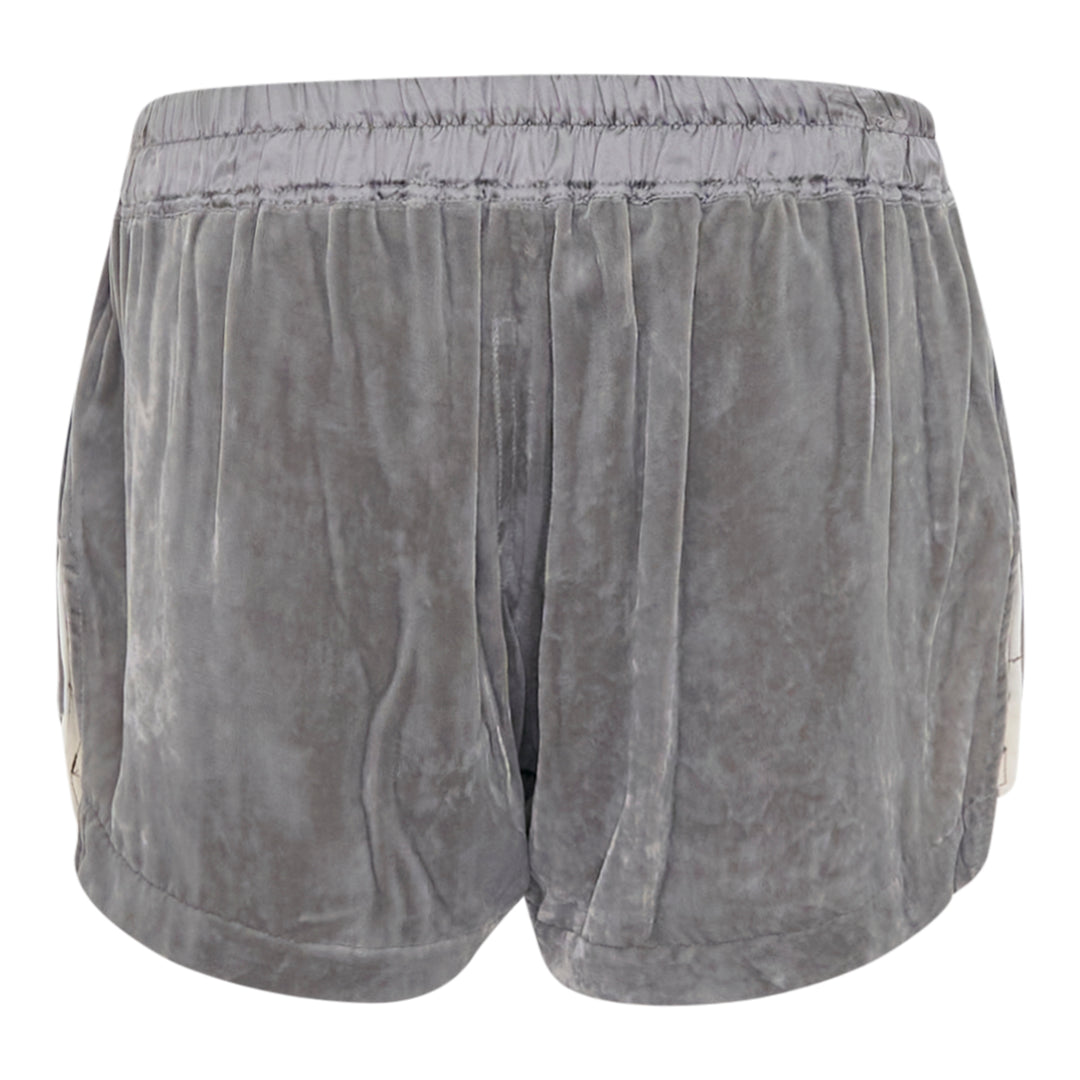 Rick Owens Fog Velvet Boxer Shorts in washed grey with elasticated drawstring waistband and contrast white underlayer at the hem, displayed on a white background