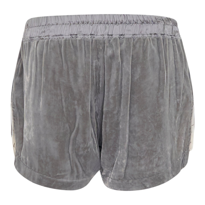 Rick Owens Fog Velvet Boxer Shorts in washed grey with elasticated drawstring waistband and contrast white underlayer at the hem, displayed on a white background