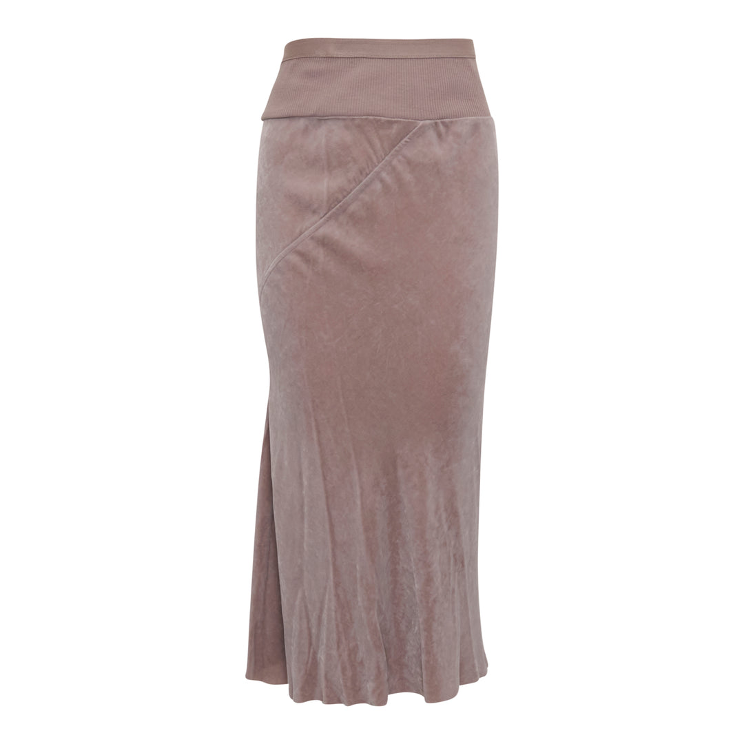 Rick Owens Knee Bias Velvet Skirt in dusty mauve, featuring a wide ribbed waistband, diagonal bias seam, and a fluid flared midi hem