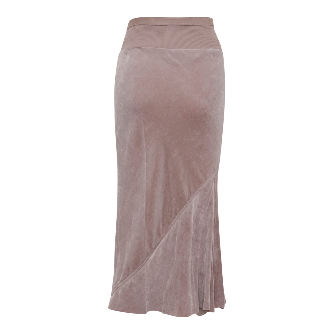 Rick Owens Knee Bias Velvet Skirt in dusty mauve, featuring a wide ribbed waistband, diagonal bias seam, and a fluid flared midi hem