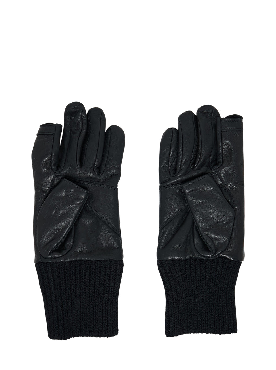 Pair of Rick Owens black tumbled lamb leather gloves with ribbed knit cuffs and exposed thumb and index fingertips