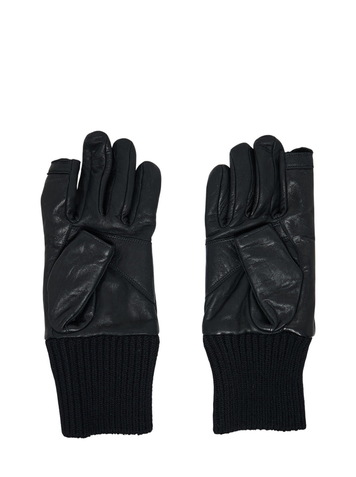 Pair of Rick Owens black tumbled lamb leather gloves with ribbed knit cuffs and exposed thumb and index fingertips