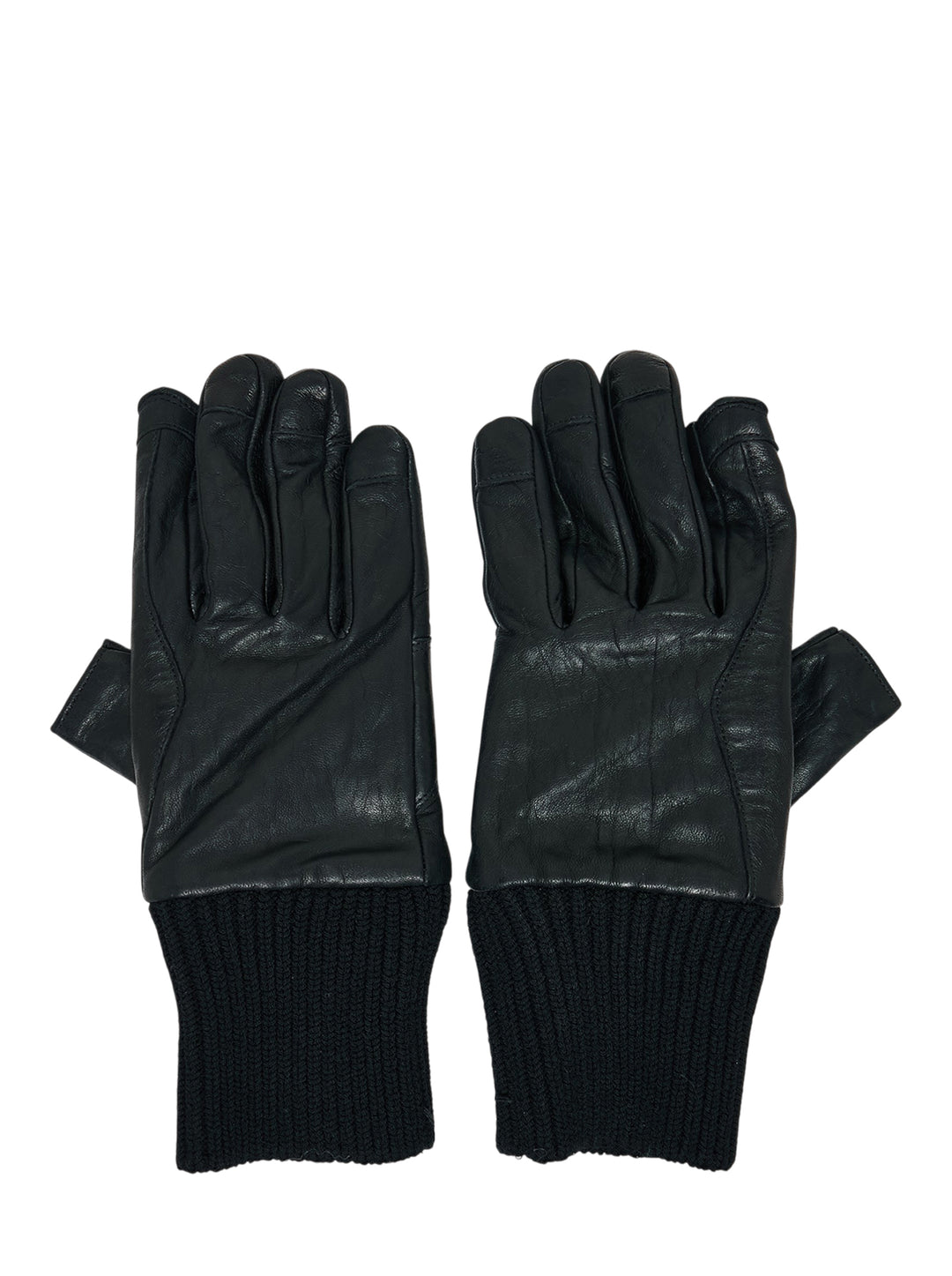 Pair of Rick Owens black tumbled lamb leather gloves with ribbed knit cuffs and exposed thumb and index fingertips - view 2