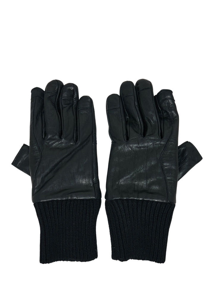 Pair of Rick Owens black tumbled lamb leather gloves with ribbed knit cuffs and exposed thumb and index fingertips - view 2