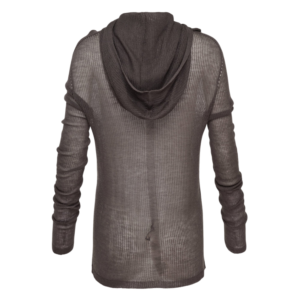 Rick Owens semi-sheer lightweight ribbed hooded long sleeve tee in dark taupe, back view, showing elongated silhouette and ruched sleeves