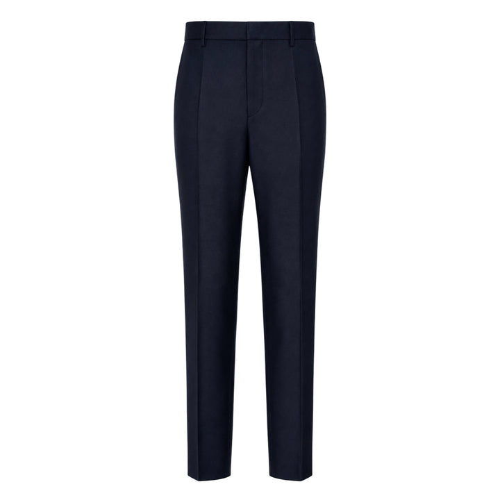 Jil Sander light brushed wool trousers in navy, featuring a high-rise waistband, pressed front creases, and a tapered straight-leg silhouette