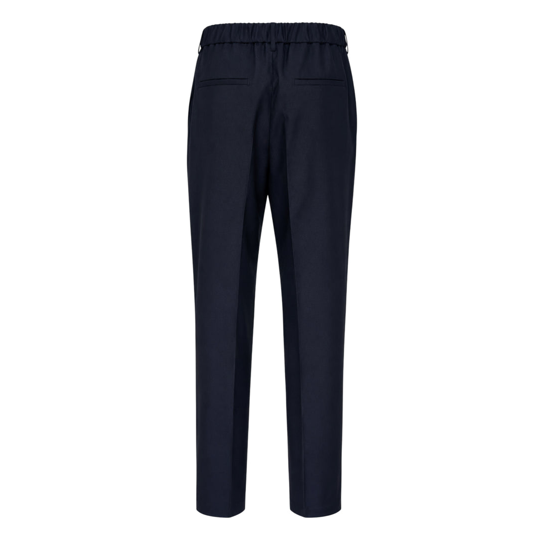 Jil Sander light brushed wool trousers in navy, featuring a high-rise waistband, pressed front creases, and a tapered straight-leg silhouette