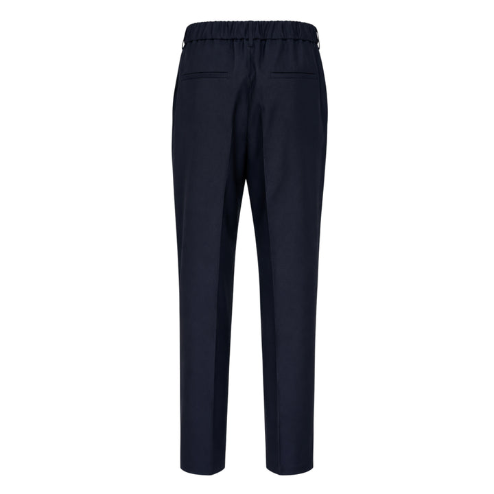 Jil Sander light brushed wool trousers in navy, featuring a high-rise waistband, pressed front creases, and a tapered straight-leg silhouette