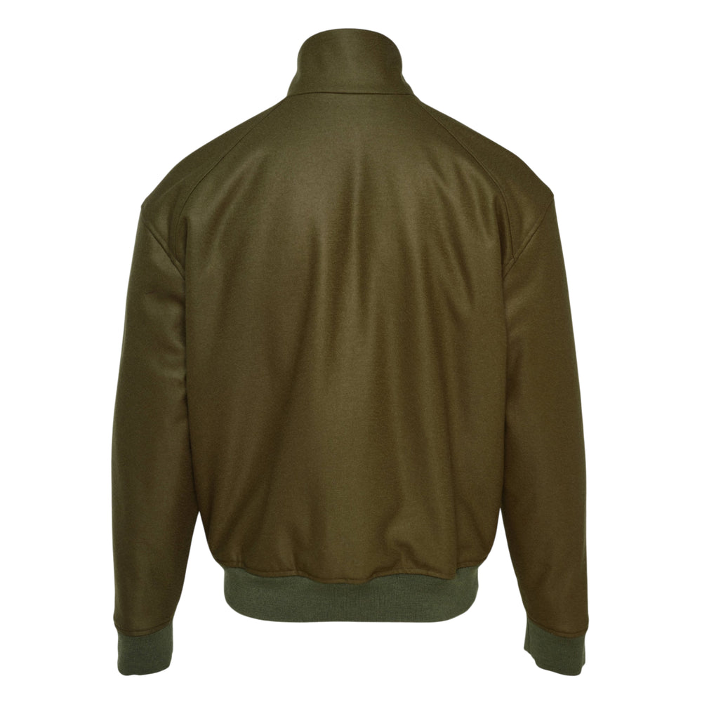 Jil Sander olive wool melton padded zip jacket with funnel collar, silver-tone full-length zip, and ribbed knit cuffs and hem band, displayed flat on white background