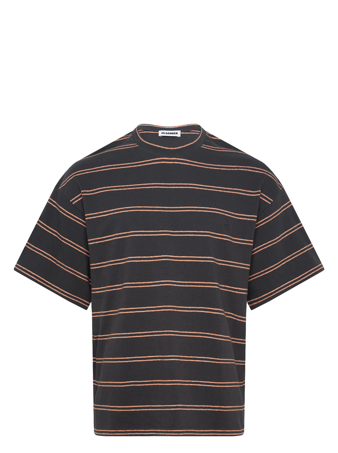 Jil Sander charcoal short sleeve t-shirt with terracotta horizontal pinstripes and tonal embroidered monogram at chest, crew neckline, oversized fit, on white background