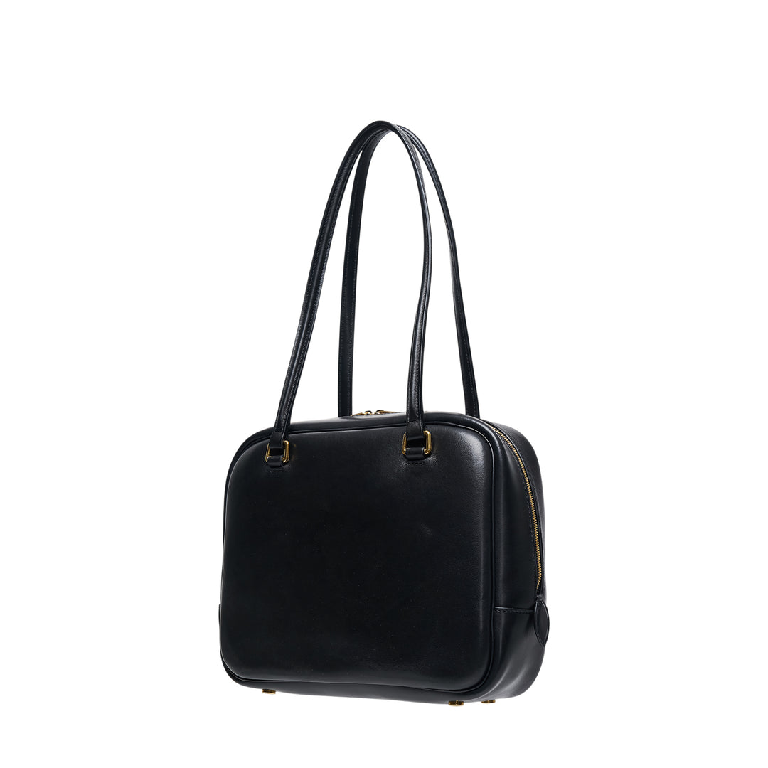 Jil Sander Vision Medium tote bag in black nappa lambskin leather with dual shoulder straps, gold-tone zip closure and D-ring hardware, front view on white background