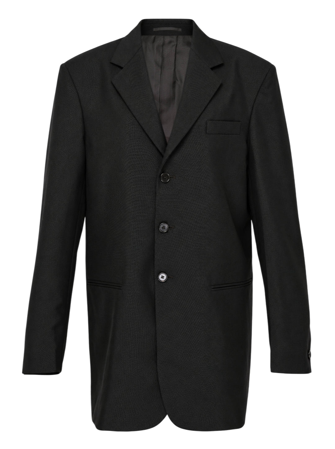 Jil Sander black single-breasted wool mohair jacket with notch lapels and three-button closure, shown from the front