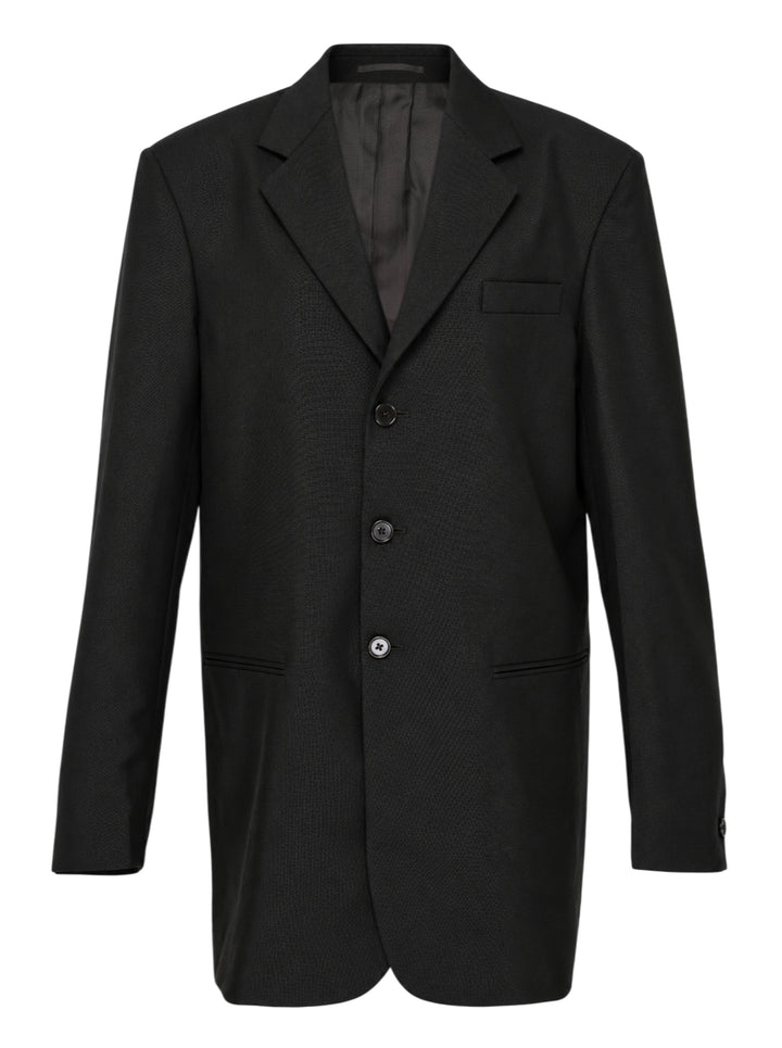 Jil Sander black single-breasted wool mohair jacket with notch lapels and three-button closure, shown from the front