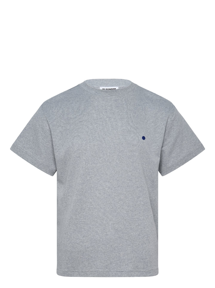Jil Sander heather grey cotton-cashmere short sleeve crew neck t-shirt with a small navy dot embroidery on the chest and a woven brand label at the back neck