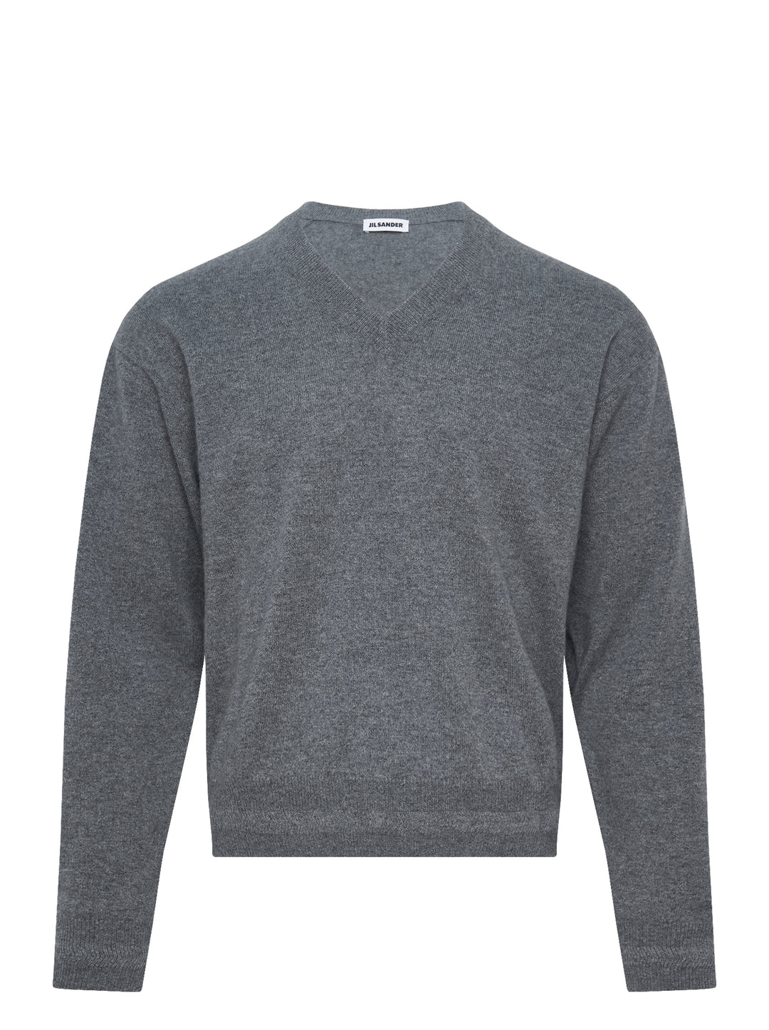 Jil Sander long sleeve V-neck jumper in heather grey fine-gauge knit, front view on white background