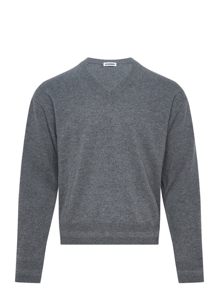 Jil Sander long sleeve V-neck jumper in heather grey fine-gauge knit, front view on white background