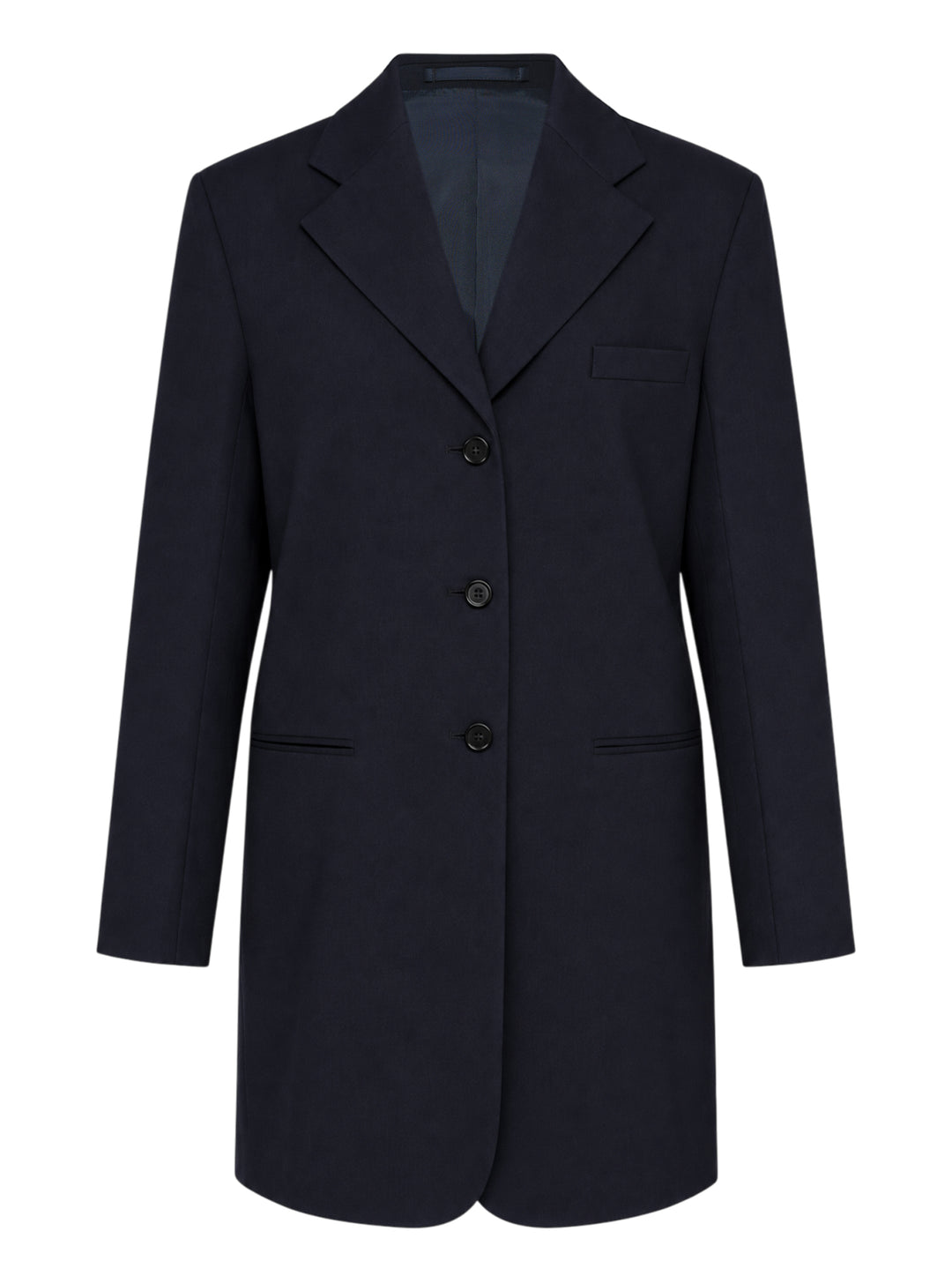 Jil Sander navy stretch wool longline single-breasted jacket with notched lapel and three-button front