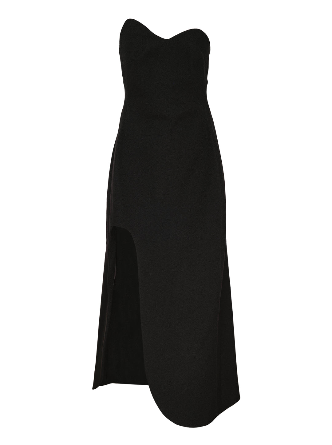 Jil Sander Heavy Textured Sable Gown in black, featuring a structured strapless sweetheart neckline, high slit, and asymmetric hem