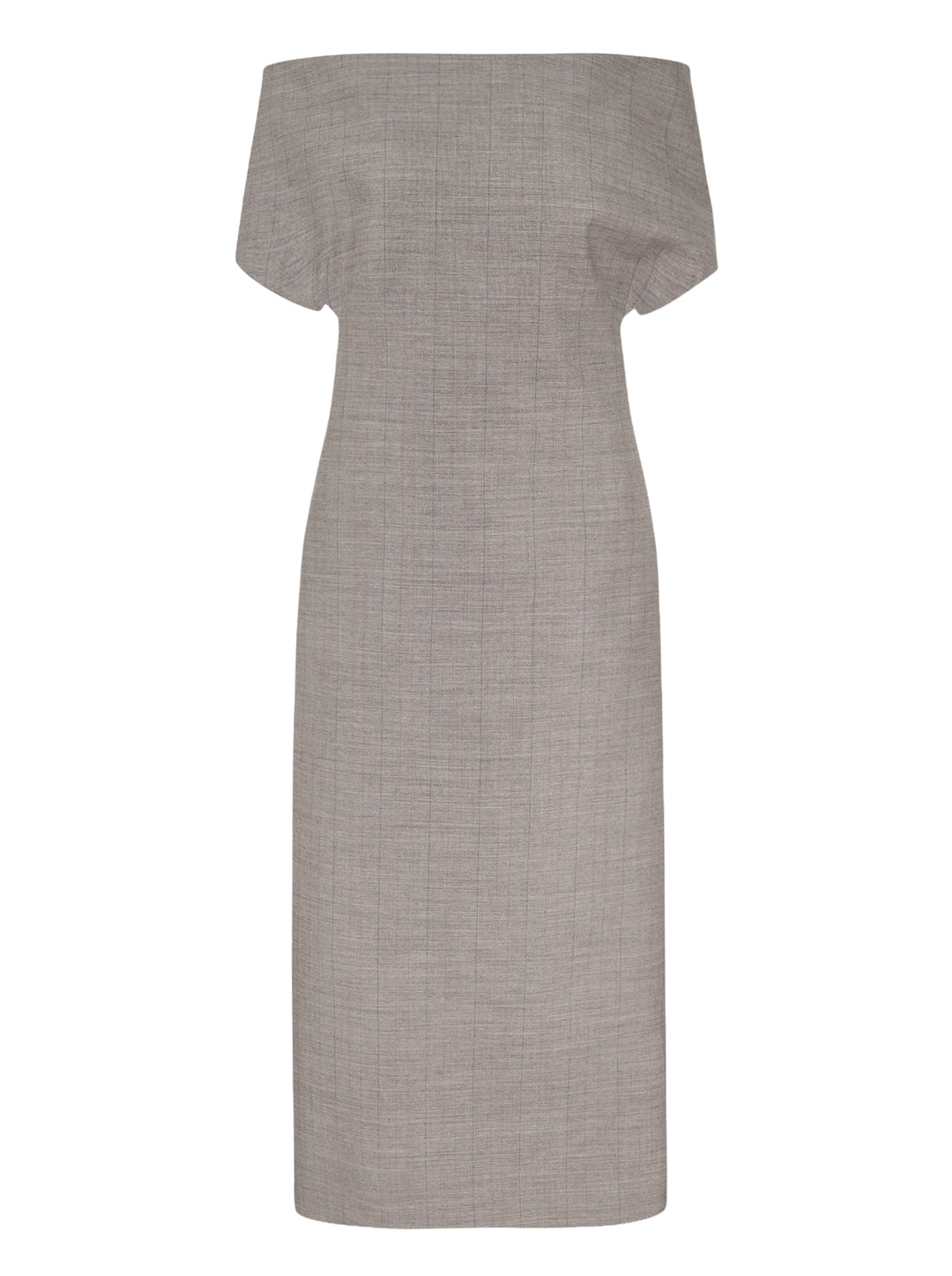 Jil Sander grey subtle check wool midi dress with off-the-shoulder neckline and short cap sleeves