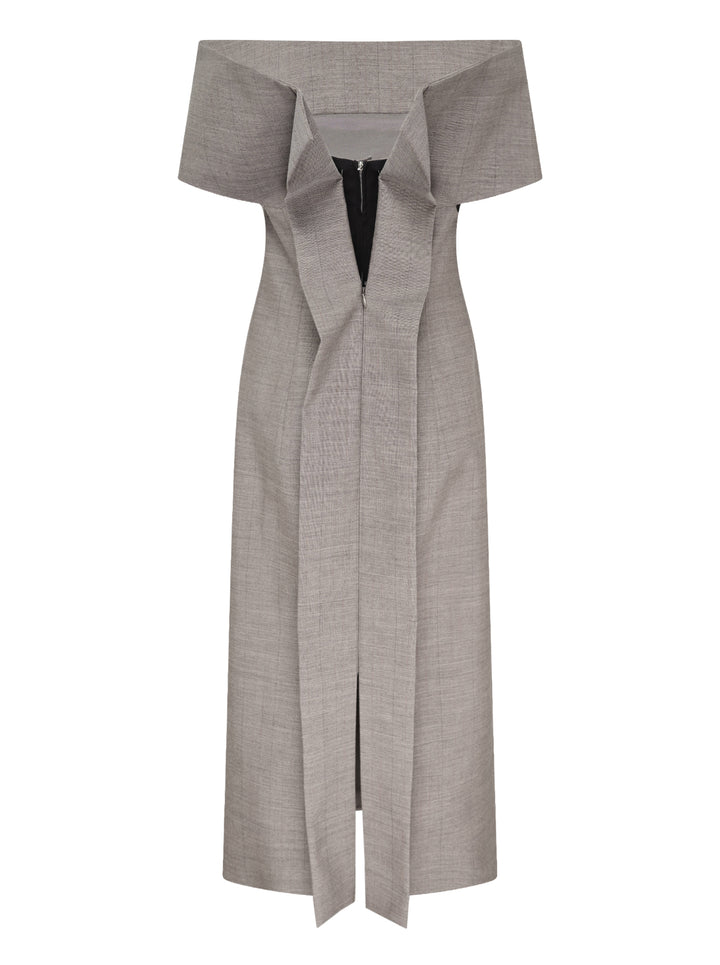Jil Sander grey subtle check wool midi dress with off-the-shoulder neckline and short cap sleeves - view 2