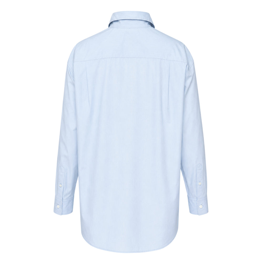 Jil Sander light blue fil-à-fil cotton shirt with a classic point collar, full-length white button fastening, long sleeves with buttoned cuffs, and a relaxed oversized silhouette - view 2