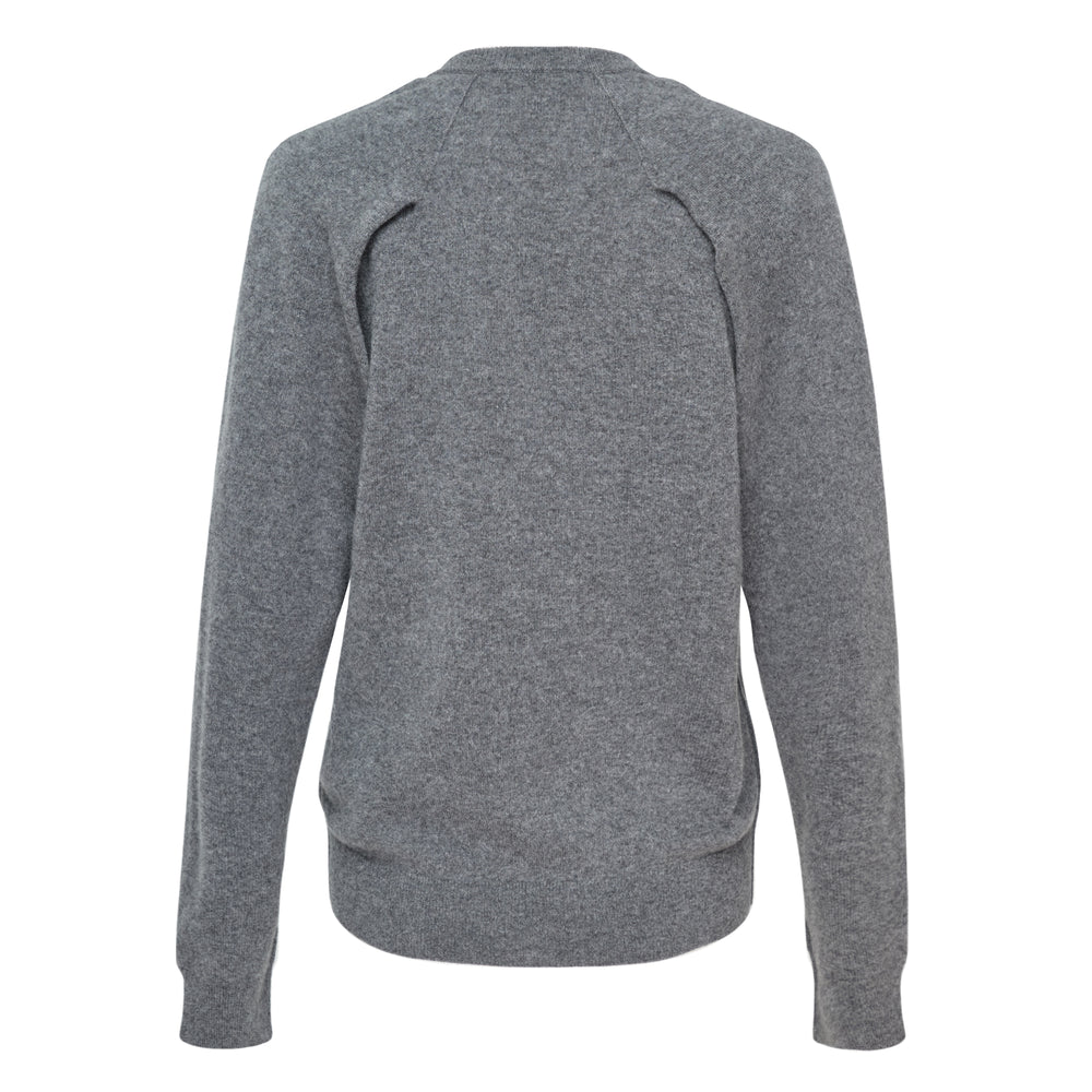 Jil Sander heather grey V-neck long sleeve jumper, front view, with ribbed trim at neckline, cuffs, and hem - view 2