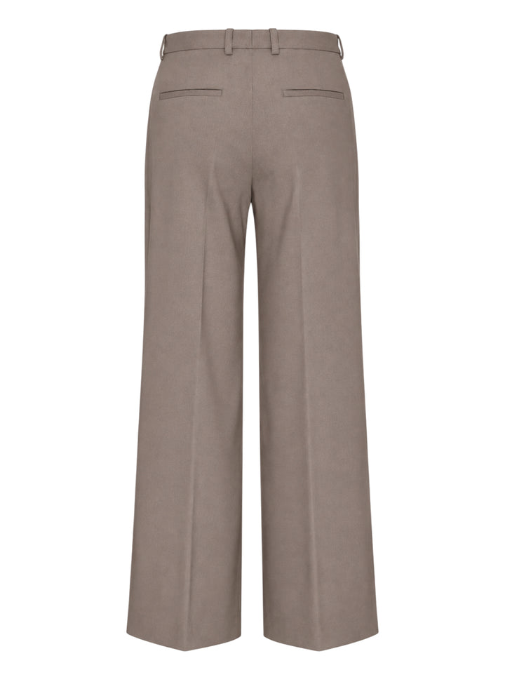 Jil Sander wide-leg stretch wool trousers in taupe with front creases, double-button waist, and belt loops, styled flat on a white background - view 2
