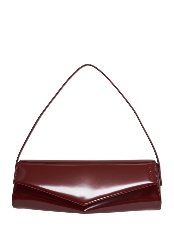 Jil Sander Kante Flap Shoulder Bag in deep burgundy semi-shiny leather with angular chevron envelope flap and slim structured strap