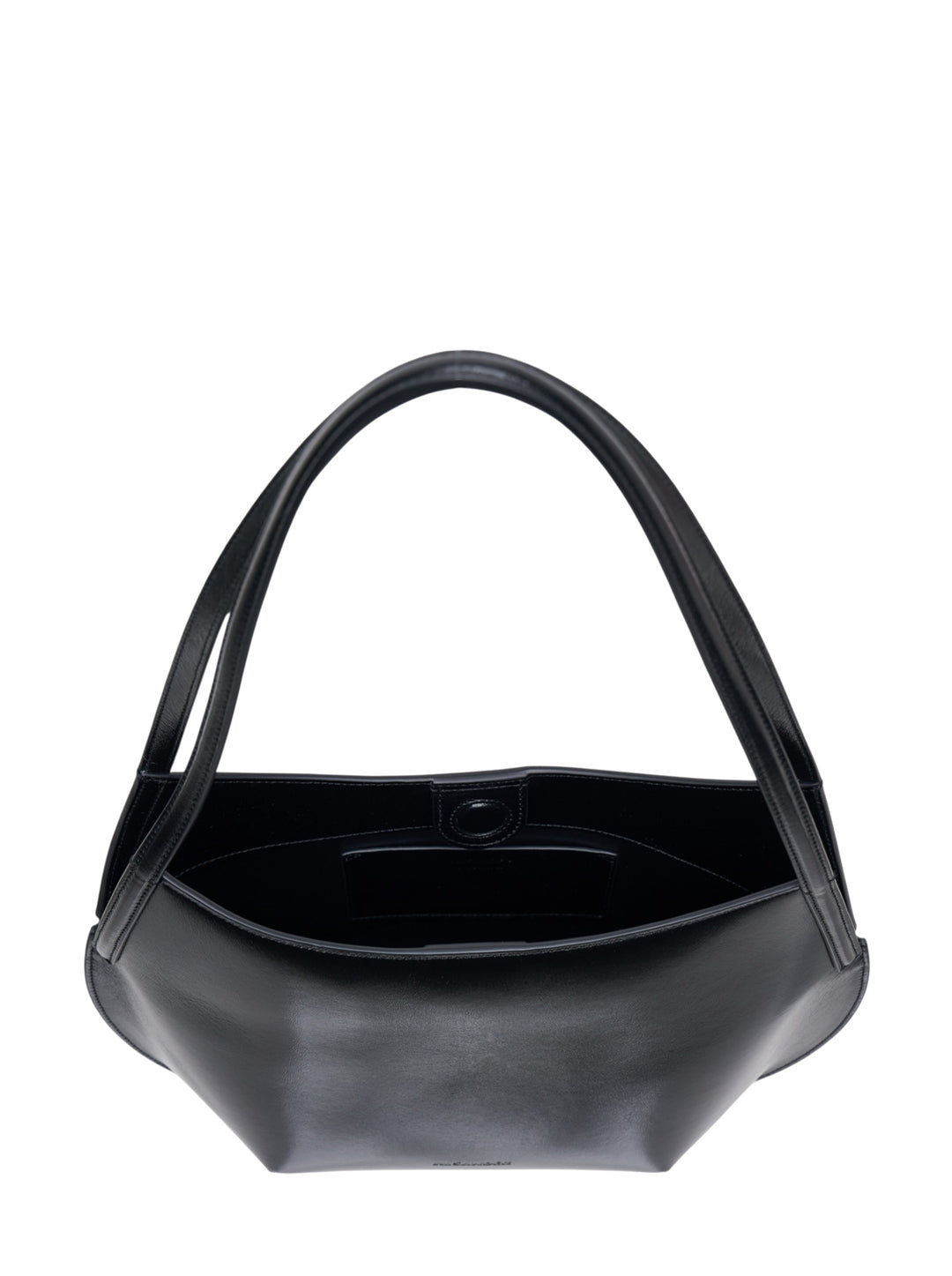 Jil Sander Kante Shoulder Bag in black shiny lambskin leather with a crescent silhouette and single flat shoulder strap, front view on white background - view 3