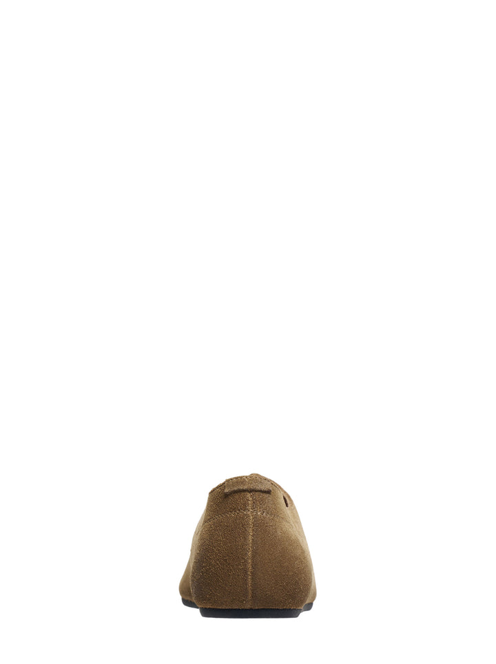 Jil Sander Hood lace-up flat shoe in tan suede calf leather with apron toe stitching and tonal laces, lateral view - view 3