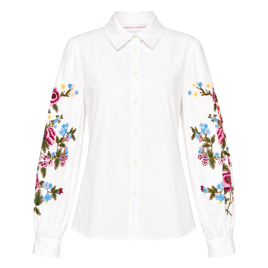 Carolina Herrera white button-down shirt with multicolour floral embroidery on voluminous puff sleeves, featuring a point collar and mother-of-pearl buttons