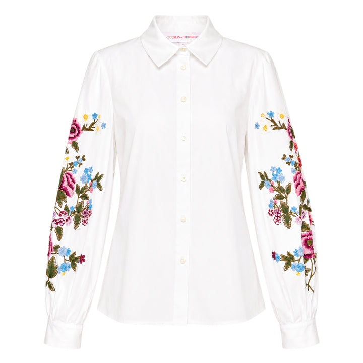 Carolina Herrera white button-down shirt with multicolour floral embroidery on voluminous puff sleeves, featuring a point collar and mother-of-pearl buttons
