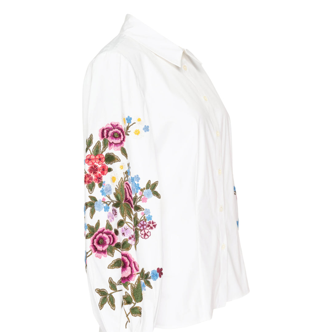 Carolina Herrera white button-down shirt with multicolour floral embroidery on voluminous puff sleeves, featuring a point collar and mother-of-pearl buttons