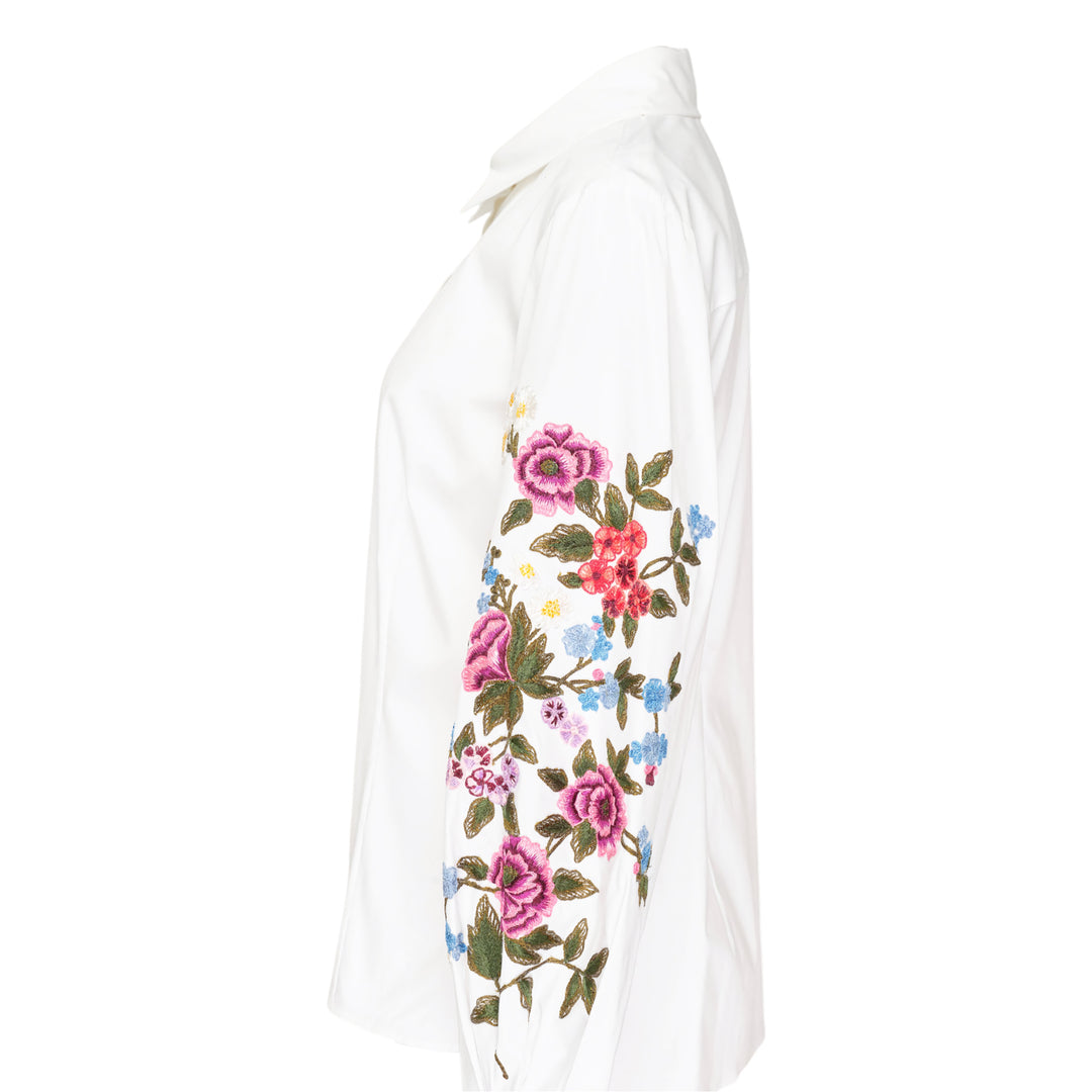 Carolina Herrera white button-down shirt with multicolour floral embroidery on voluminous puff sleeves, featuring a point collar and mother-of-pearl buttons