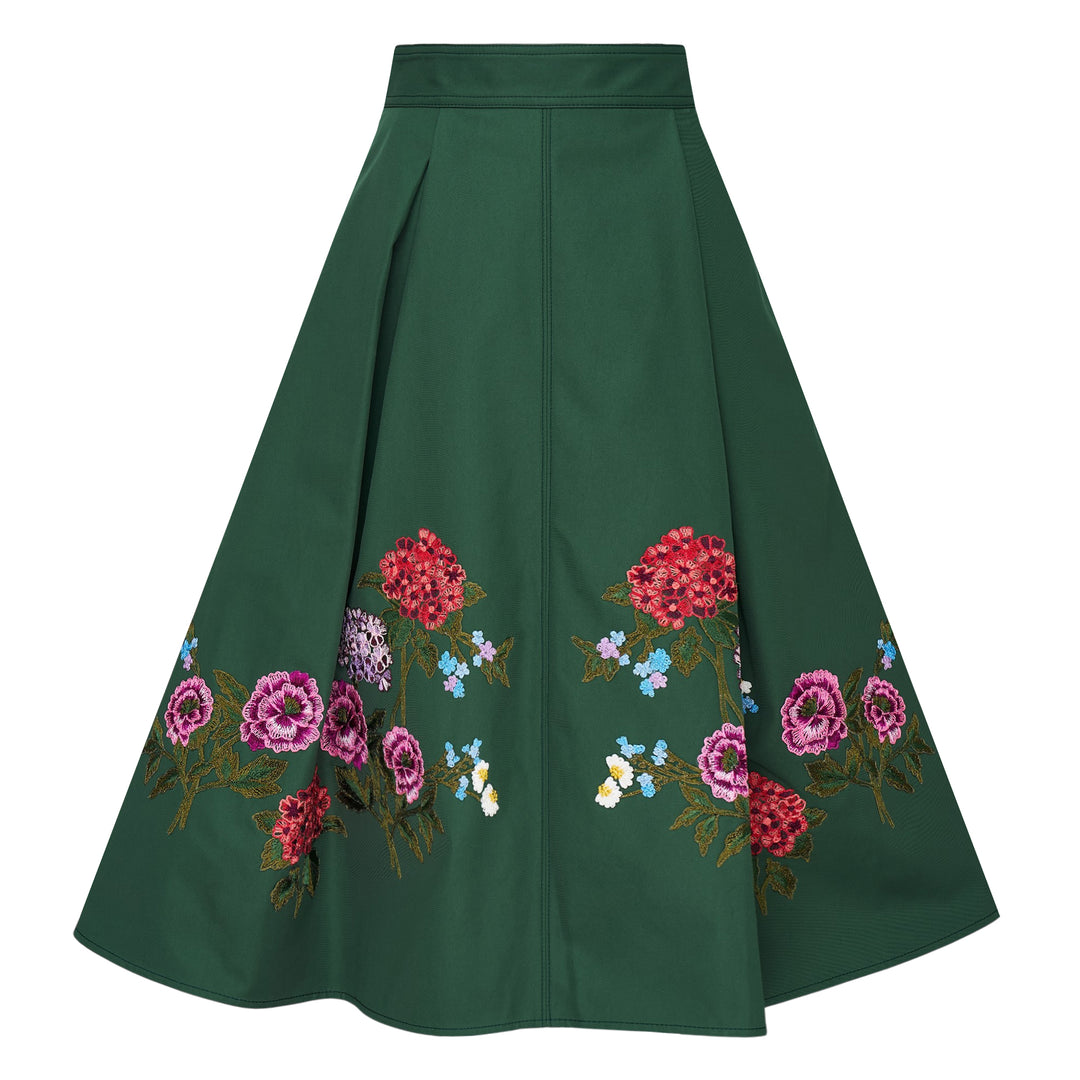Carolina Herrera dark green A-line midi skirt with vibrant multicolour floral embroidery along the hem, featuring red, pink, and purple blooms with green leafy stems on both front panels