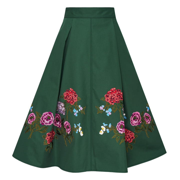 Carolina Herrera dark green A-line midi skirt with vibrant multicolour floral embroidery along the hem, featuring red, pink, and purple blooms with green leafy stems on both front panels